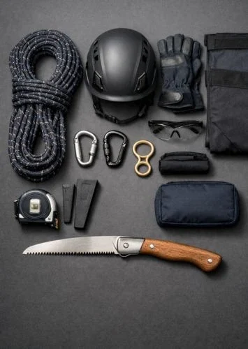 Flat-lay overhead photo of professional arborist and tree service equipment neatly arranged on a matte gray surface, including climbing rope, helmet, gloves, safety glasses, chaps, carabiners, wedges, first-aid kit, and hand saw