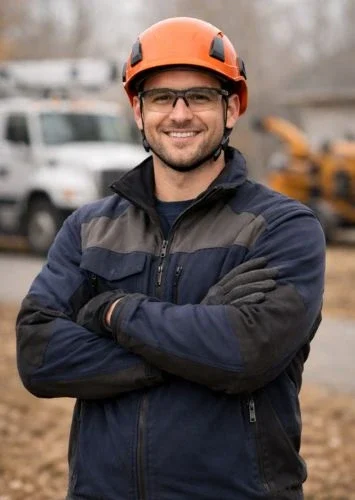 Confident professional arborist/tree service technician smiling with arms crossed, wearing navy workwear and safety helmet, with blurred work truck and equipment in a residential driveway background